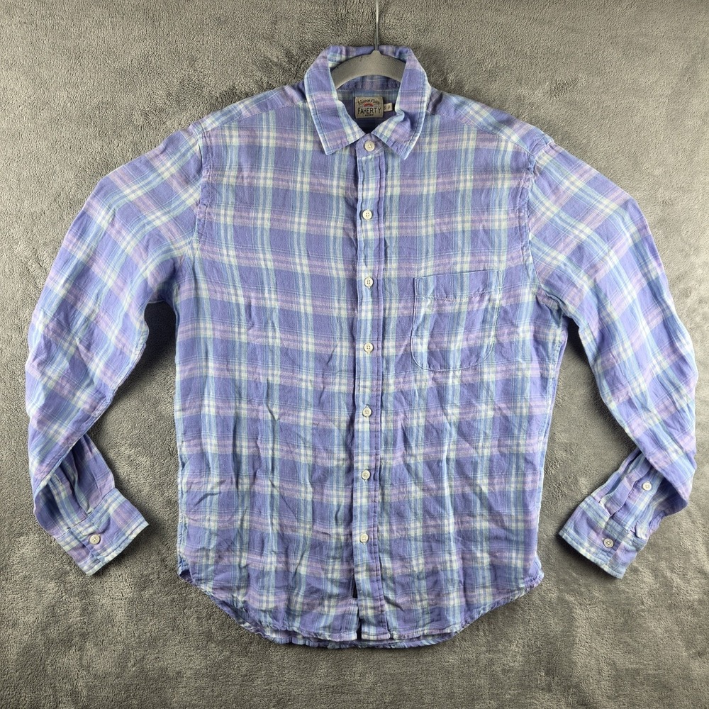 Faherty Shirt Mens Small Laguna Linen Purple Blue Plaid Preppy Lightweight